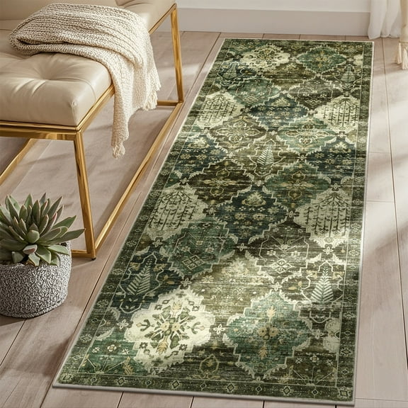 MeyJey 2'x6' Vintage Hallway Runner Rug, Oriental Non Slip Runner Rug Machine Washable Area Rug for Living Room Bedroom Carpet, Green