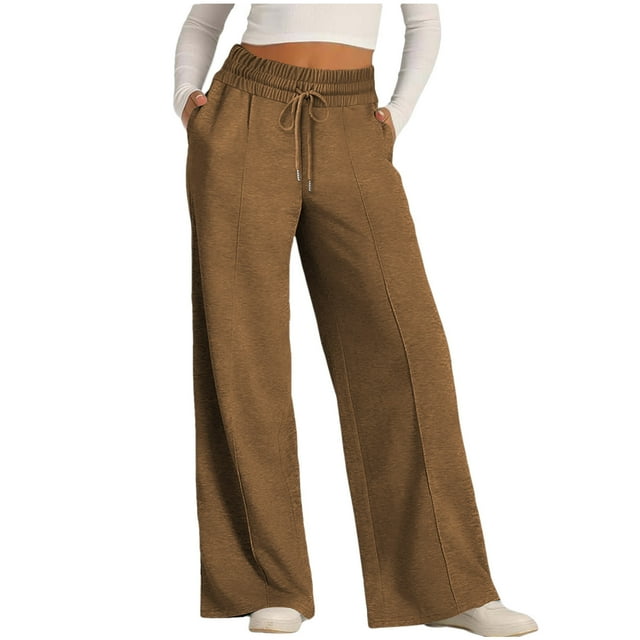 Dealovy Women Pants Casual Elastic High Waist Drawstring Wide-Leg Sweatpants Solid Color Loose Fitted Trousers with Pockets