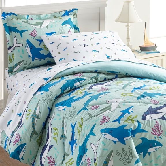 Wildkin Kids 5 Pc Twin Cotton Bed in a Bag for Boys & Girls (Shark Attack Blue)