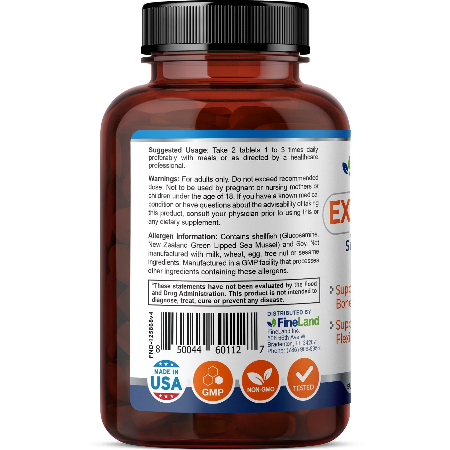 Fineland Vitamins Extra Flex Glucosamine Tablets, 90 Count