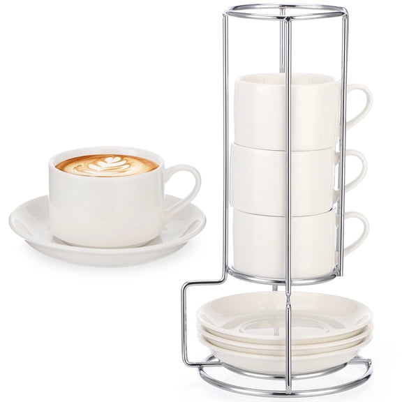 4 Pcs Espresso Cups with Saucers and Metal Stand, 3 oz White Porcelain Cup with Ergonomic Handle, Stackable Coffee Mugs for Coffee Drinks, Cappuccino, Tea