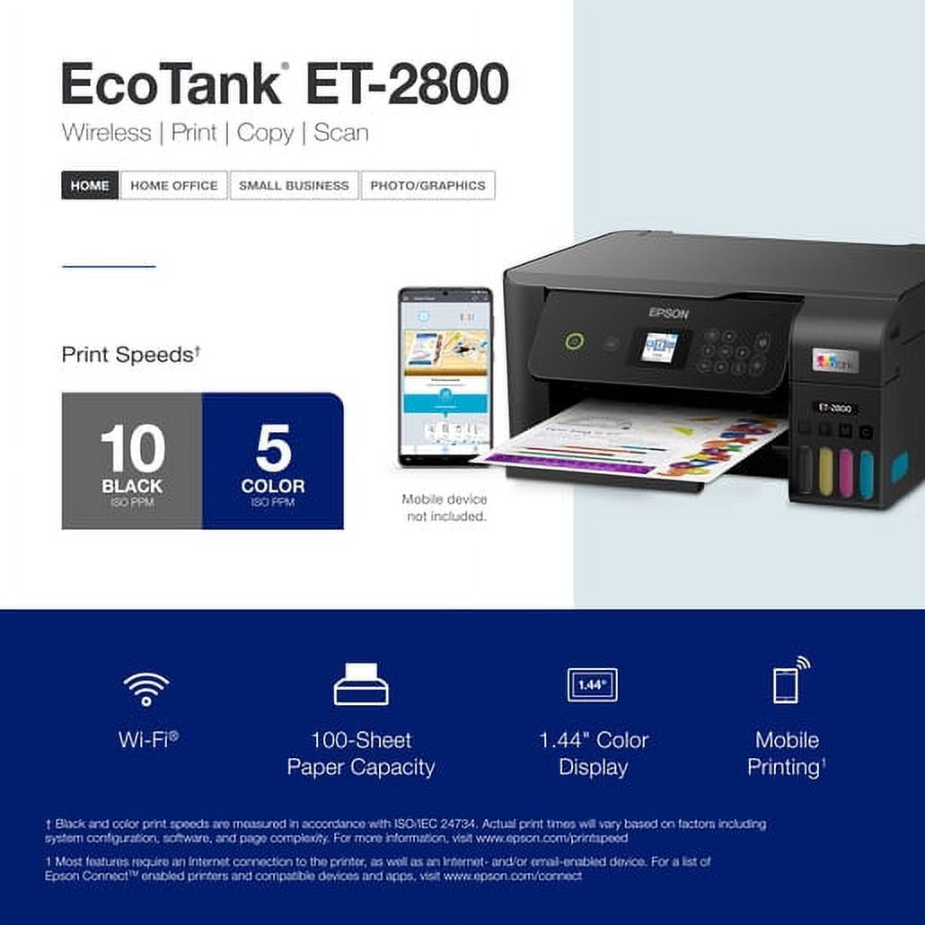 Epson EcoTank ET-2800 Wireless Color All-in-One Cartridge-Free Supertank Printer with Scan and Copy ? The Ideal Basic Home Printer - Black