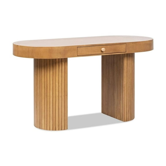 Pemberly Row 55.5" Single Drawer Fluted Oval Console Desk Honey Brown Rubberwood