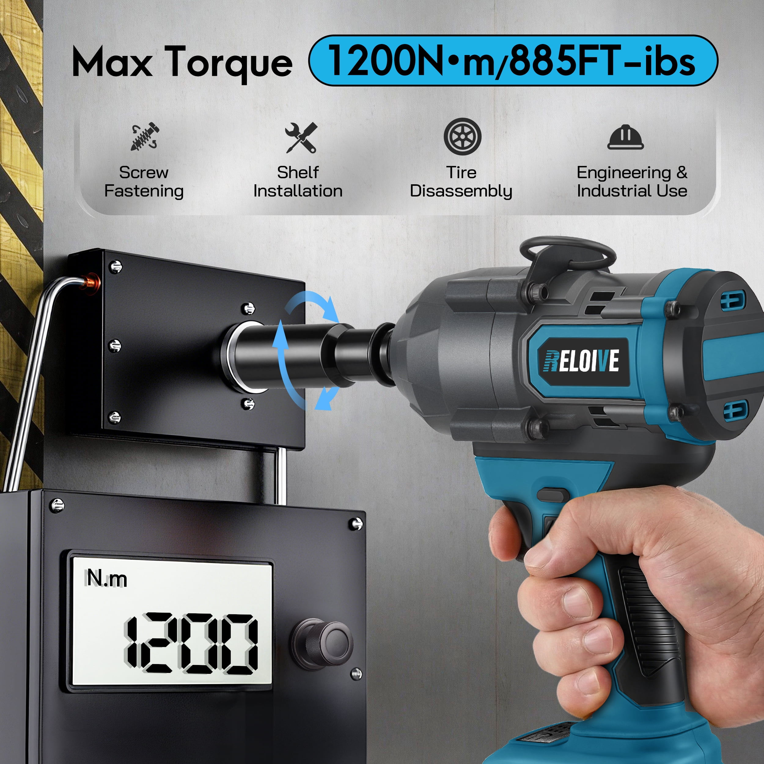 RELOIVE Cordless Impact Wrench Kit,885 FT-lbs(1200N.m) Max Torque,1/2" Heavy-Duty Brushless Motor,4-IN-1 Electric Impact Driver,2 x 4.0Ah Batteries for Car Home Repair