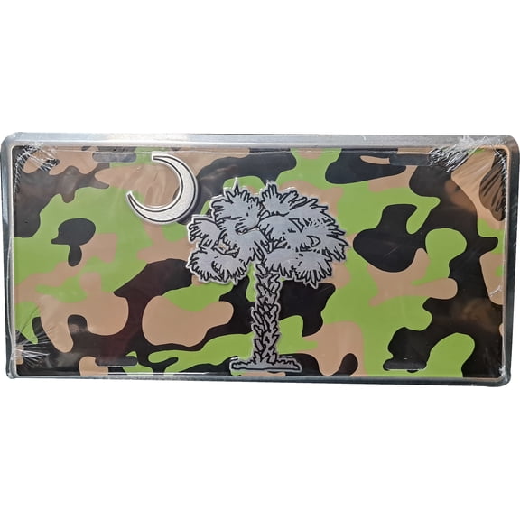 Hangtime Silver Palmetto Tree on Camo 6x12 inch License Plate