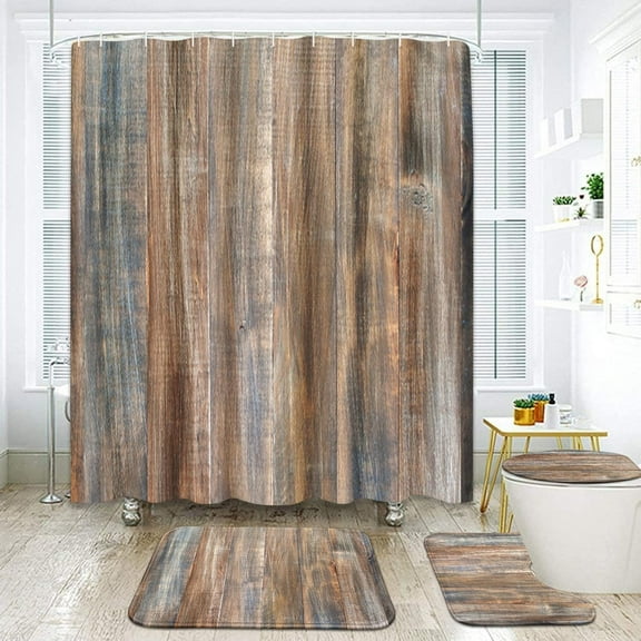 4 Pcs Shower Curtain Set, Brown Wooden Texture Shower Curtain with Non-Slip Rugs, Toilet Lid Cover and Bath Mat, Bathroom Sets Decorations 72" x 72"