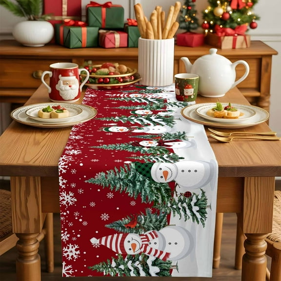 Merry Christmas Tree Winter Snowman Table Runner Dresser Scarf,Kitchen Dining Table Decoration White Snowflake on Red Linen Table Runners for Home Wedding Indoor Outdoor Party,13x70in