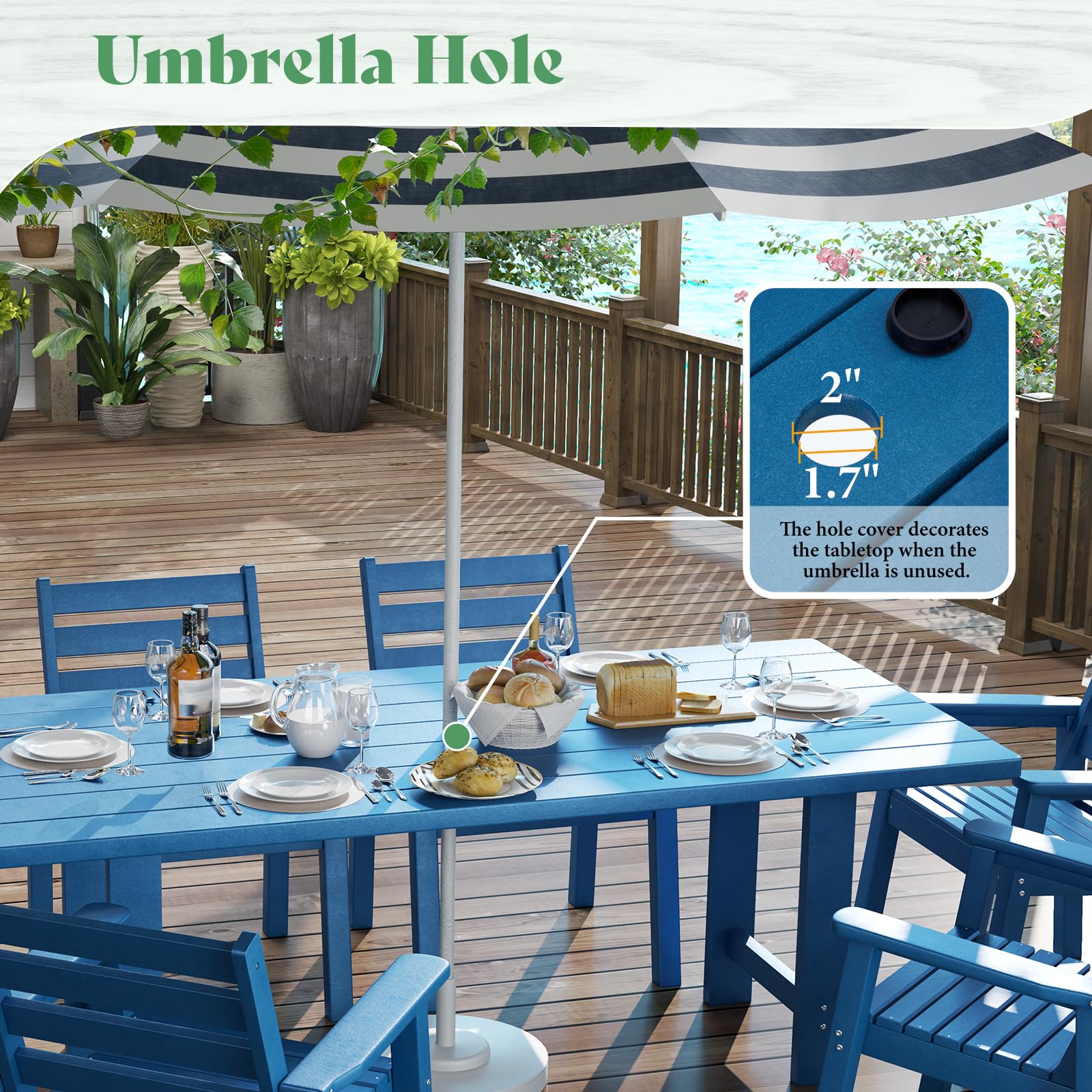 LUXOAK 7 Piece HDPE Outdoor Dining Set, 71" Table with 6 Chairs, Patio Furniture, Blue