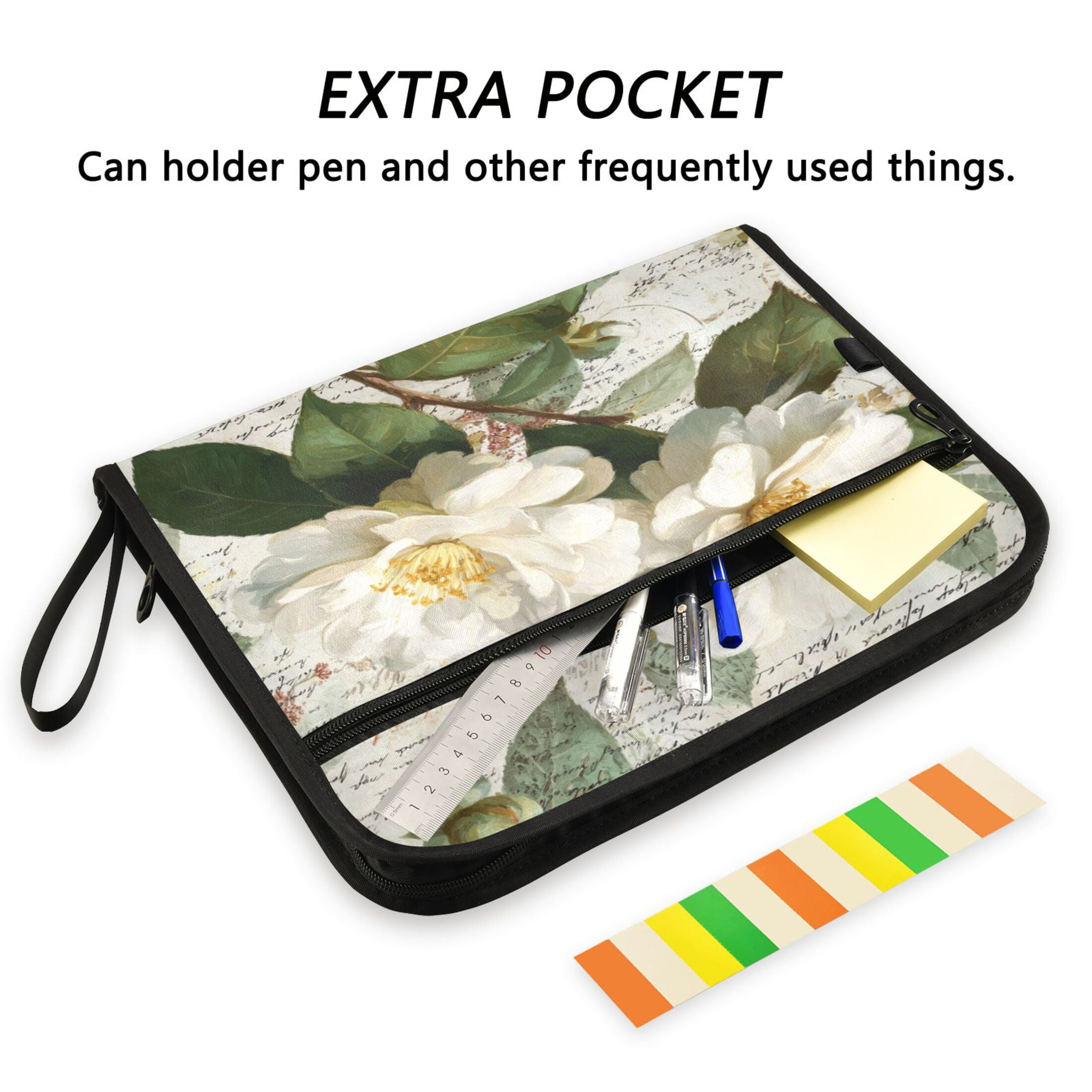 Accordion File Organizer with Zip Closure 13 Pockets Expanding File Folder Letter A4 Paper Document Organizer for Home Office Vintage White Camellias