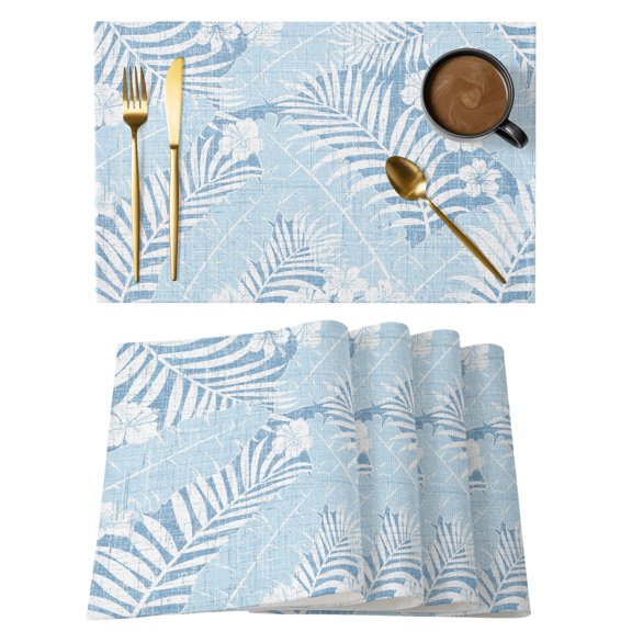 Fern Leaf Placemats Set of 2, Vintage Blue Linen Tropical Banana Palm Leaf Floral Non-Slip Place Mats Washable Table Mats for Kitchen Dining Table Decorations Indoor/Outdoor