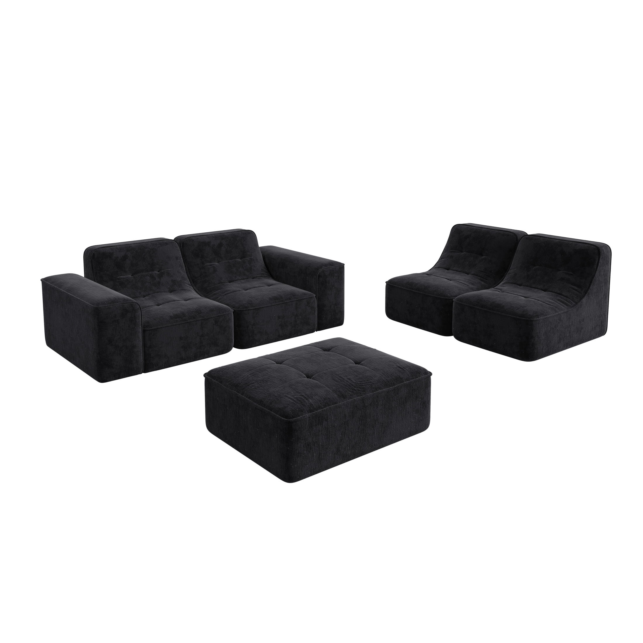 Noble House 144" Modular Sectional Sofa, Tufted Sparkling Chenille Deep Seat Couch with Ottoman, Accent Chair, Black