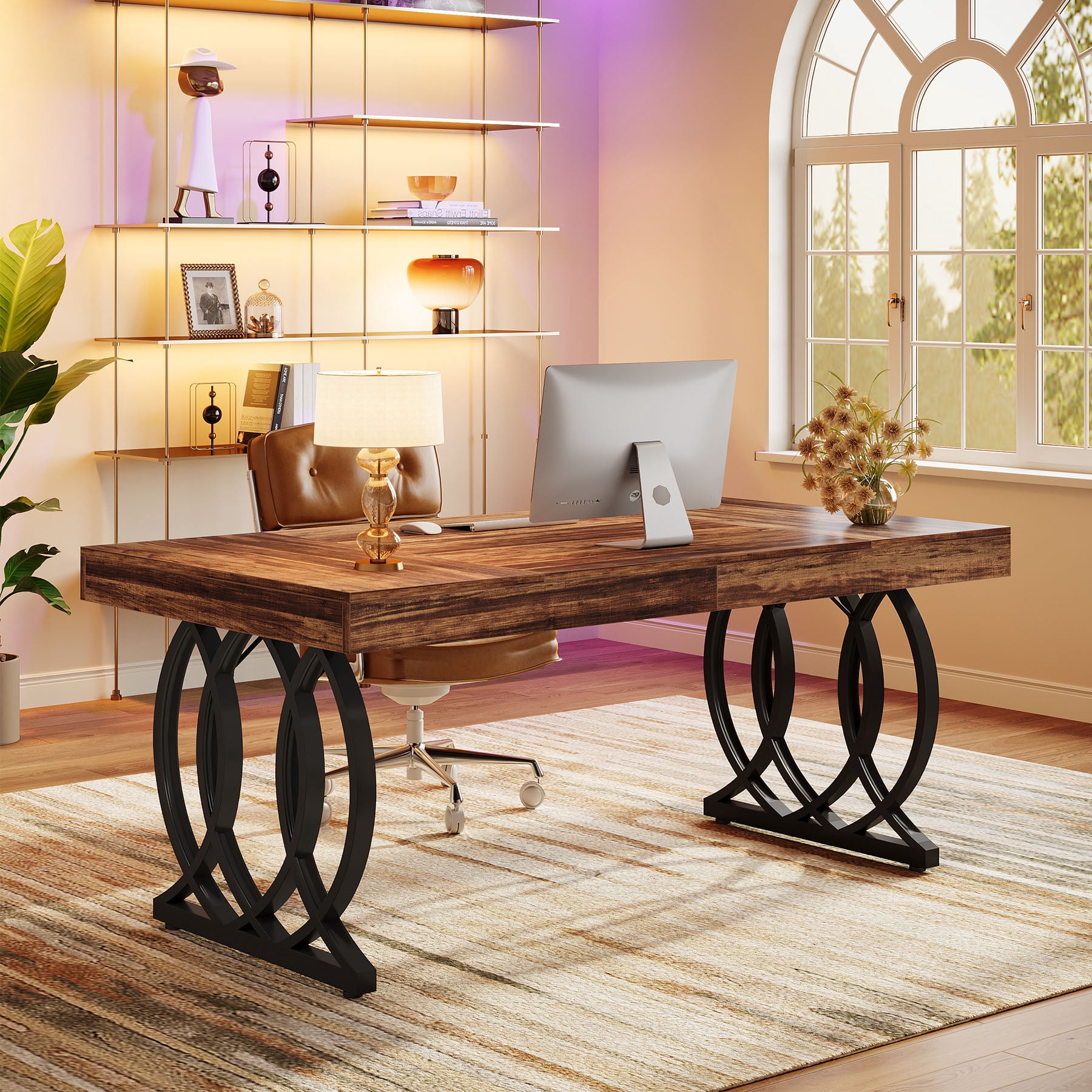 Tribesigns 63-inch Executive Desk, Industrial Office Computer Desk with Geometric Legs, Rustic Brown and Black