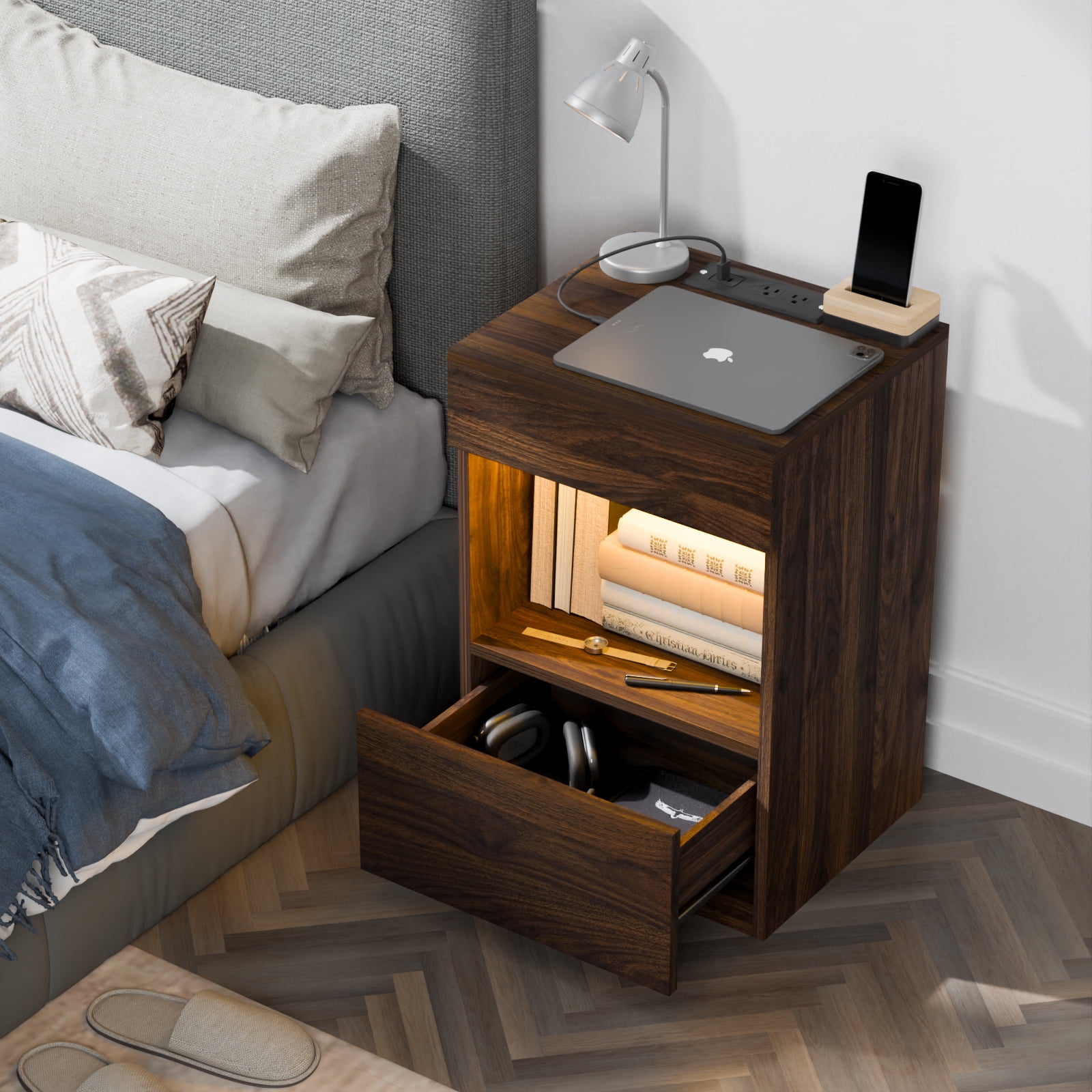 Hommpa Nightstand with Charging Station Nightstands with 2 Drawer Open Shelf Nightstands Dark Walnut Nightstands High Gloss LED End Table Nightstands for Bedroom Living Room Furniture 23.6" Tall