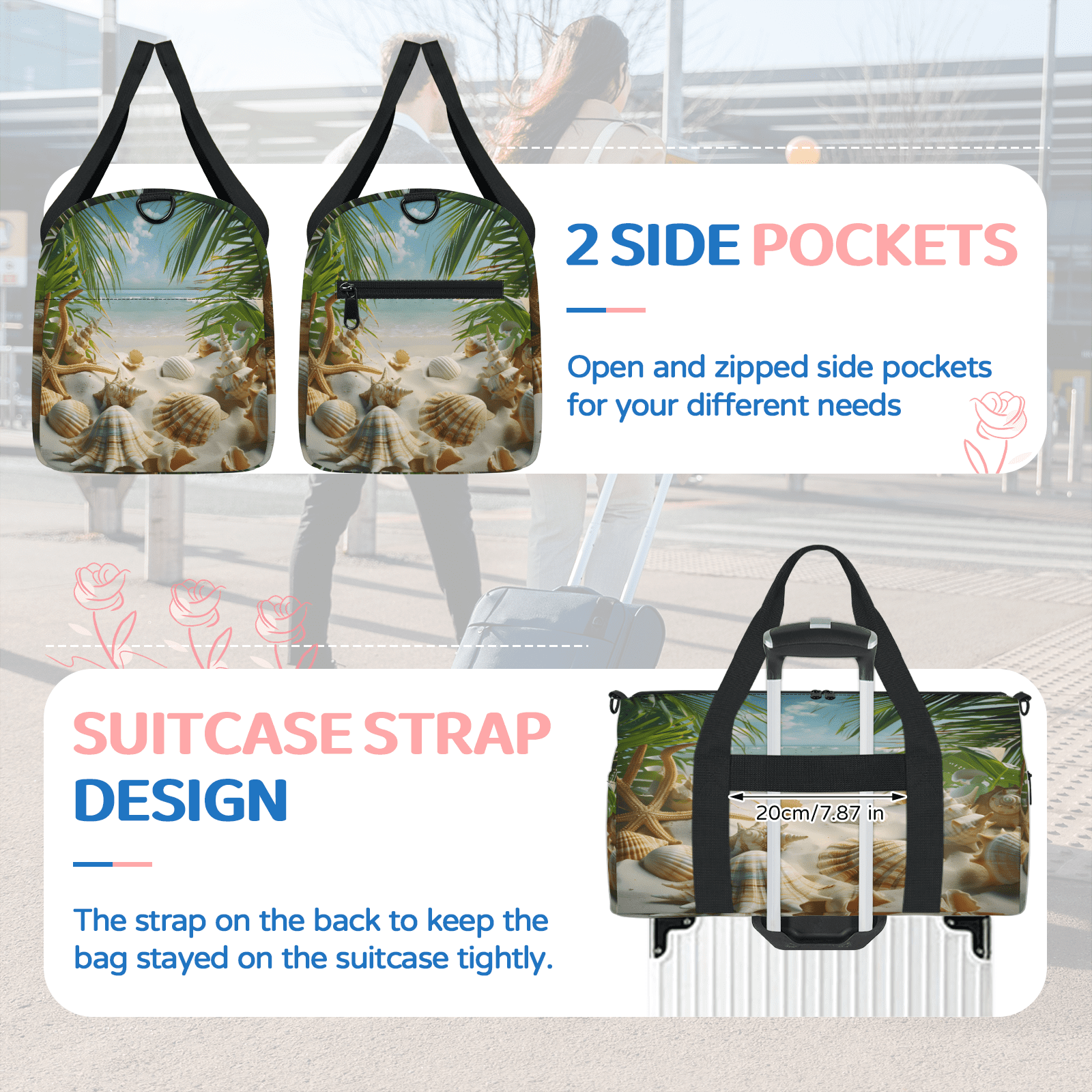 Herdesigns Ocean Beach Seashell Palm Tree Gym Bag for Women, Duffle Bag for Travel Sport, Lightweight Waterproof Carry on Weekender Overnight Dance Yoga Workout Bags