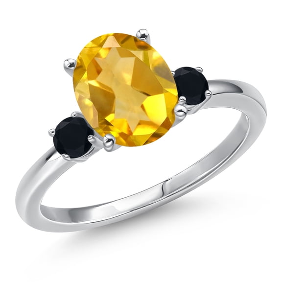 Gem Stone King 14K White Gold Yellow Citrine and Black Onyx Engagement Ring for Women | 2.60 Cttw | Oval 10X8MM | Gemstone November Birthstone | Size 8
