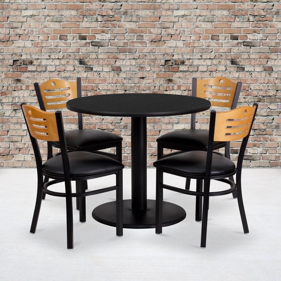 BizChair 36'' Round Black Laminate Table Set with 4 Wood Slat Back Metal Chairs - Black Vinyl Seat