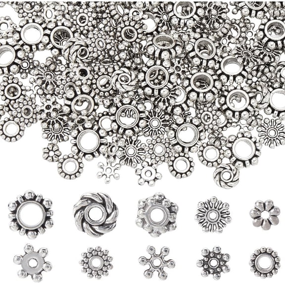1 Box 400Pcs 10 Styles Tibetan Silver Spacer Beads 6mm Flower Spacer Bead Bulk Alloy Mini Metal Snowflake Charms Loose Bead Spacers for Jewelry Making Bracelets Earrings DIY Crafts Silver