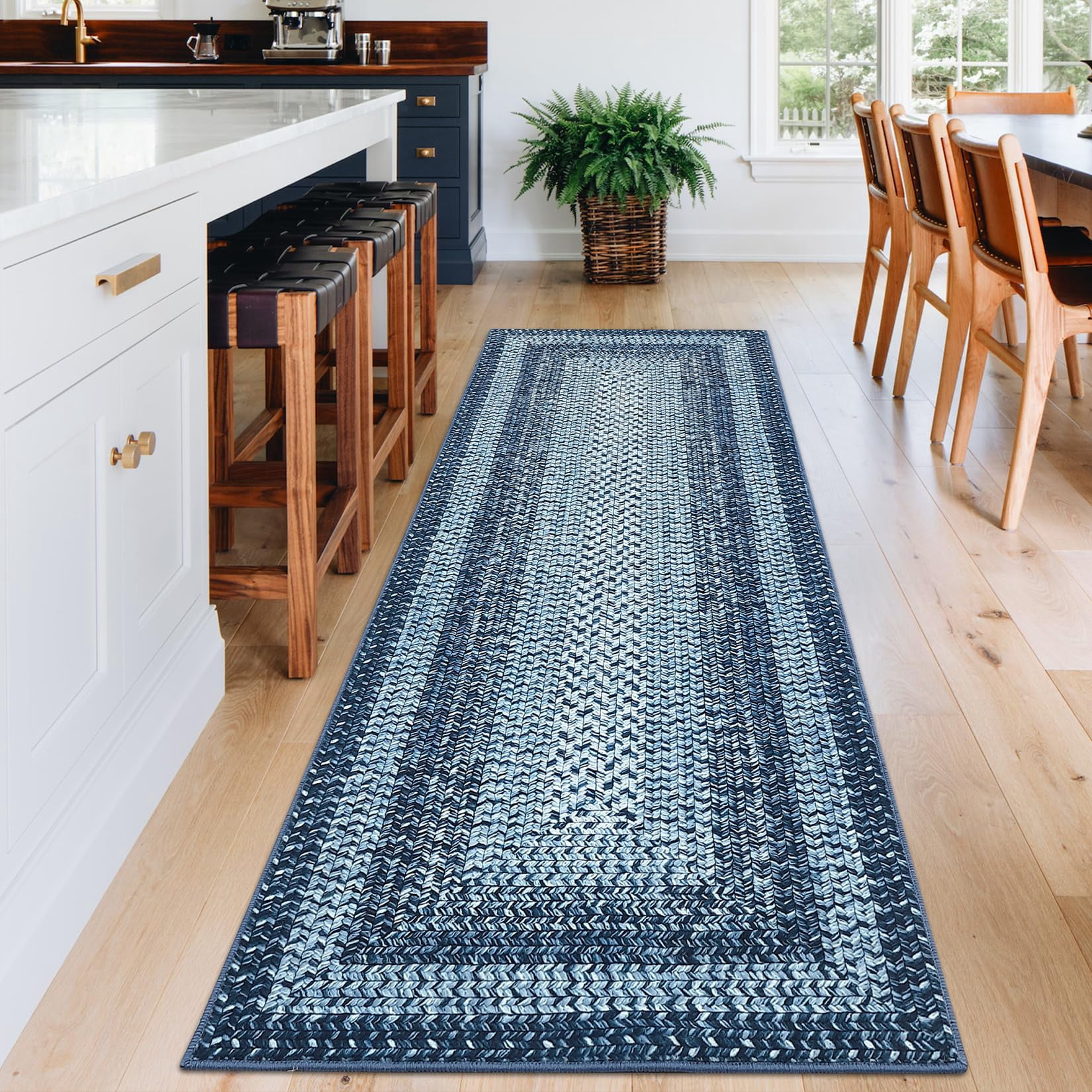 Modern Washable Runner Rug 2'x6' Vintage Braided Print Non-Slip Low Pile Carpet for Entryway Home Office, Gray and Blue