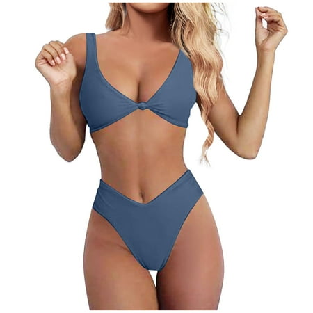 JIANJIA Swim Suits for Women Summer Solid Color Strappy V Neck Knot Front Push Up Bra And Panty Set Two Piece Tankinis Swimwears Holiday Wear Navy L