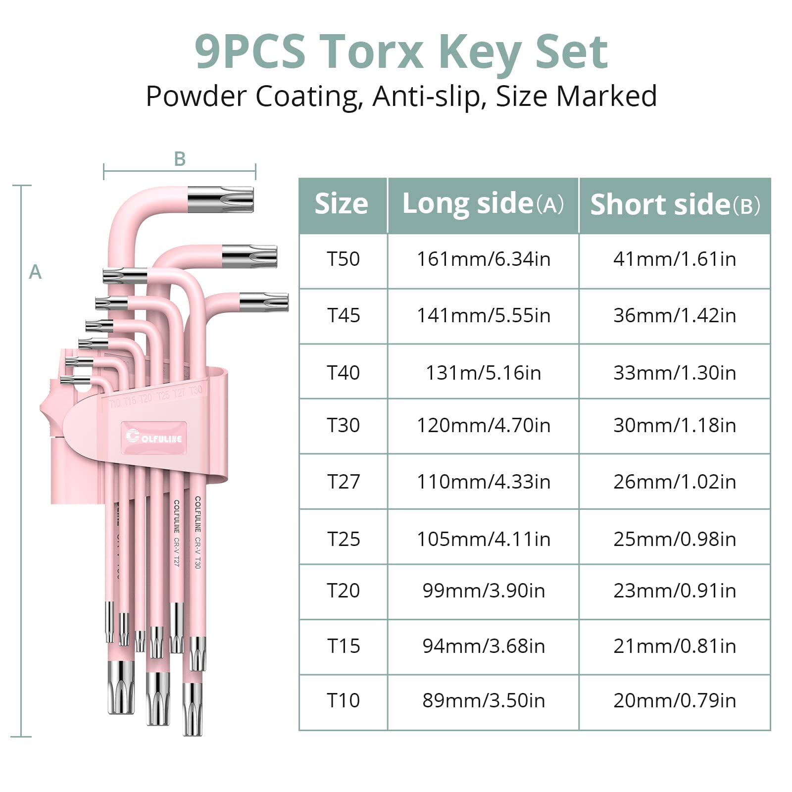 COLFULINE 9-Piece Pink Long Ball End Hex Key Set, Cr-V Allen Wrench Kit with Color-Coded Sizes (1.5-10mm) - Ideal Gift for Women, Perfect for Home Repair, DIY Projects, Bike & Furniture Maintenance