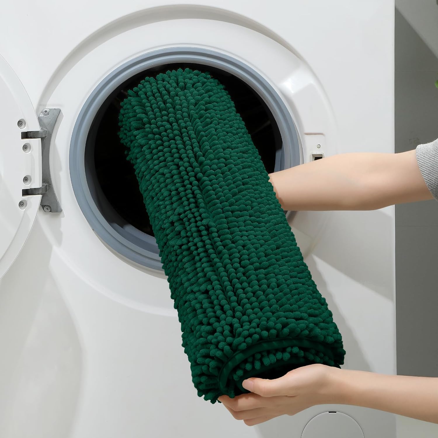 3 Pieces Bathroom Rugs, Ultra Soft Non Slip Absorbent Chenille Toilet Bath Mat Set (Dark Green)
