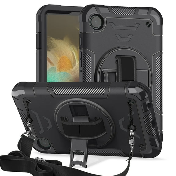for Samsung Galaxy Tab A9 11.0" 2023 SM-X210 / SM-X215 / SM-X216 Rugged Shockproof Case, 360 Rotating Hand Strap & Stand, Shoulder Strap, TPU PC 3 Layers Multi-Functional Cover - Black