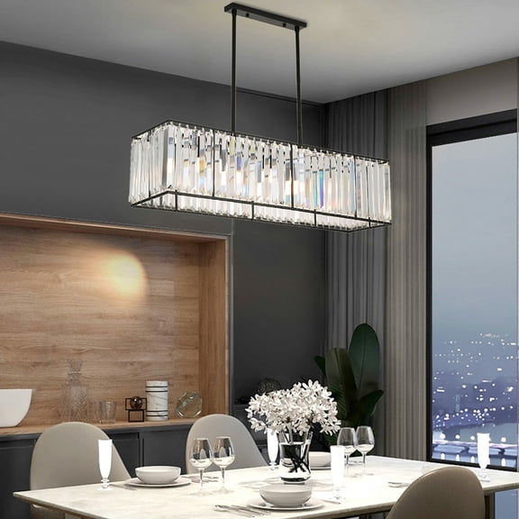 4-Light Black Crystal Chandelier with Adjustable Height Modern Rectangular Ceiling Light for Dining Room, Living Room