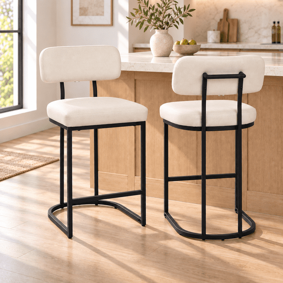 ClinQ Modern Bar Stools Set of 2, Upholstered Counter Height Bar Chairs with Sturdy Metal Frame and Backrest for Kitchen Island, Beige
