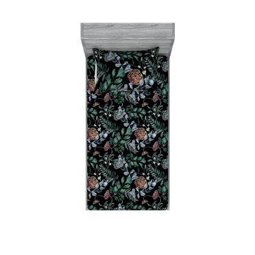 Forest Vibes Fitted Sheet & Pillow Sham Set, Night Woodland Leaves and Branches Watercolor Concept Print, Decorative Printed 2 Piece Bedding Decor, Twin, Jade Green and Charcoal Grey, by Ambesonne
