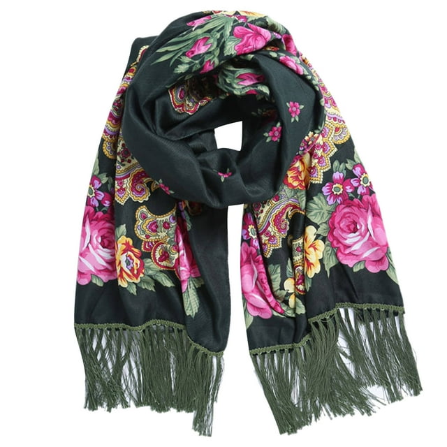 Foulards pour Femmes Hiver Chauds Babouchka Russe Foulard Châle Enveloppant de style Rétro Ukrainien Traditionnel, avec Motifs Floraux Imprimés et Pompons. l'Foulard Est Longue, Douce et Confortable, Fabriquée en Mélange de Coton. Elle a une base Vert Foncé avec des Motifs Floraux Rose, Jaune et Rouge Vibrants, Complétée par des Pompons Verts sur les Bords. Convient aux occasions Formelles, aux Tenues Décontractées Ou comme Pièce Décorative pour l'Exposition à la Maison.