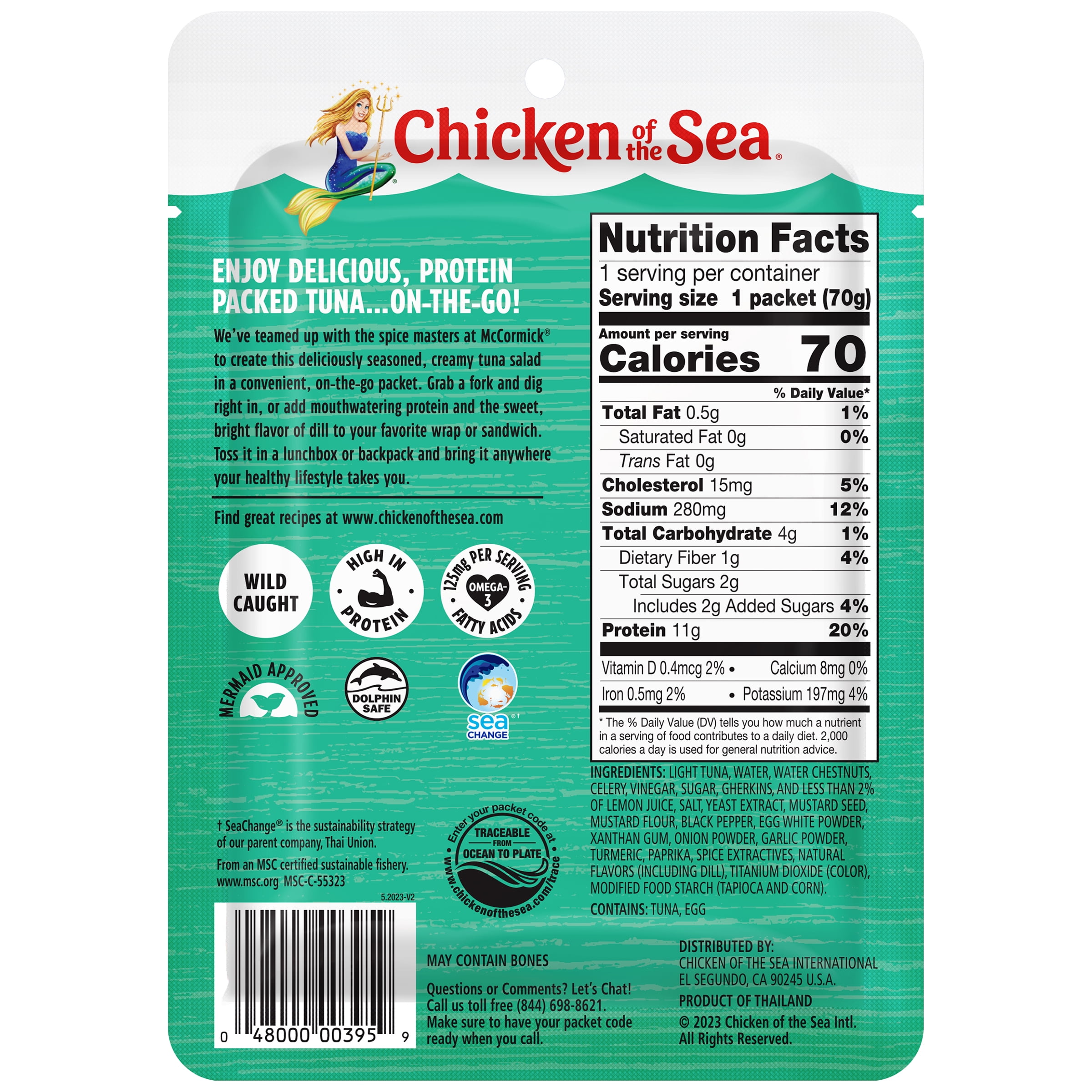 (4 pack) Chicken of the Sea Wild Caught Light Tuna Packet, Dill Tuna Salad 2.5 oz