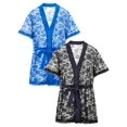 thumbnail image 2 of TANBOM Men's Floral Lace Short Sleeve Open Front Belted Kimono Sleepwear Robe, Blue & Dark Gray, 2-Pack, M, 2 of 6
