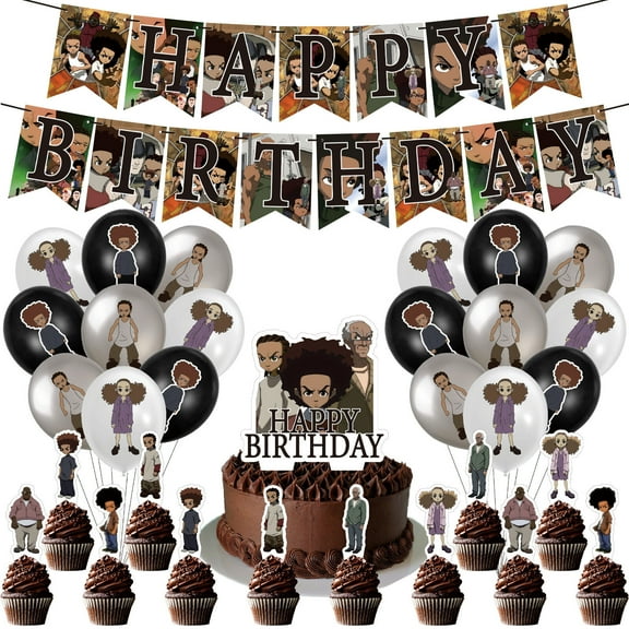 32 PCS For Boondocks Birthday Party Decorations, With 1 Happy Birthday Banner Garland, 18 Balloons,13 Cupcake Toppers for decorative supplies set