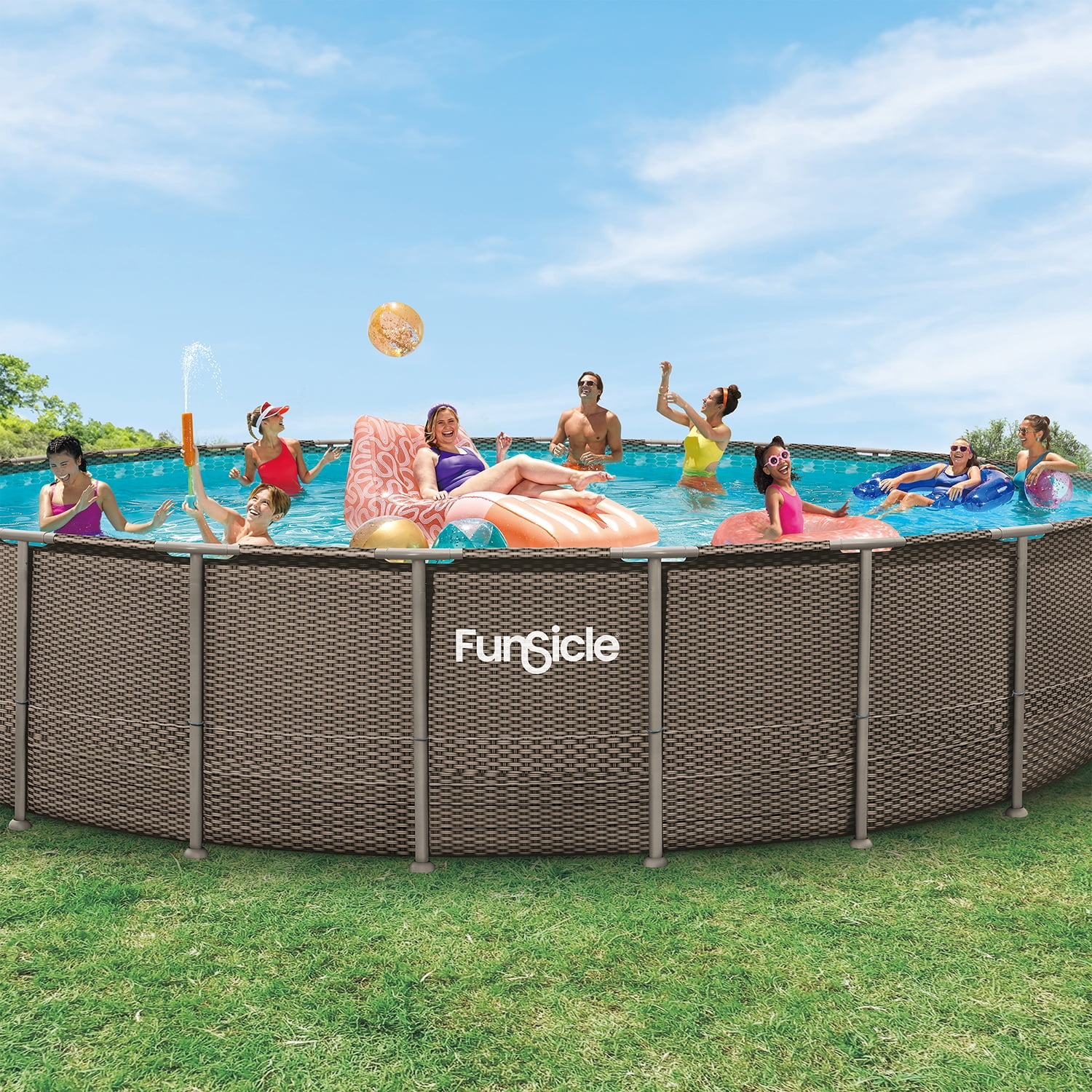 Funsicle Oasis Designer Above Ground Metal Frame Swimming Pool Set – with Sand Filter Pump, Ladder, Cover, Cloth & Maint. Kit, 24' x 52", Round, Double Rattan