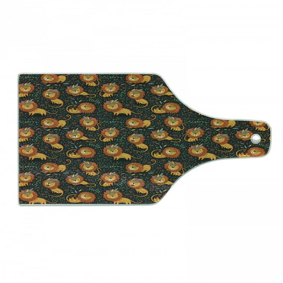 Cartoon Cutting Board, Lions Illustrations in Tribal Theme Feathers and Floral Strokes King of the Jungle, Decorative Tempered Glass Cutting and Serving Board, in 3 Sizes, by Ambesonne