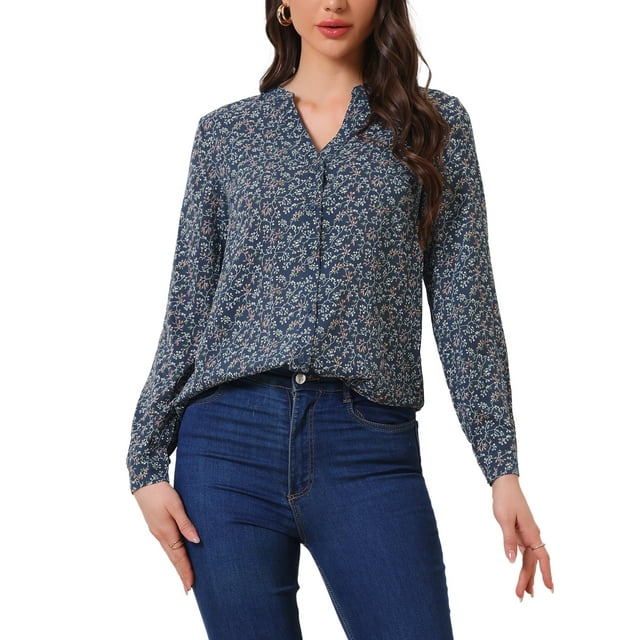 Blusa Floral de Manga Larga con Botones y Cuello en V para Mujeres Inspire Chic S Gris Oscuro Azul