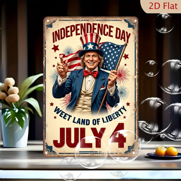 Vintage 4th Of July Metal Tin Sign - Patriotic Uncle Sam & American Flag Wall Decor - 8x12 Inch Iron Retro Americana Art For Home, Bar, Garage - Independence Day Celebration Decoration
