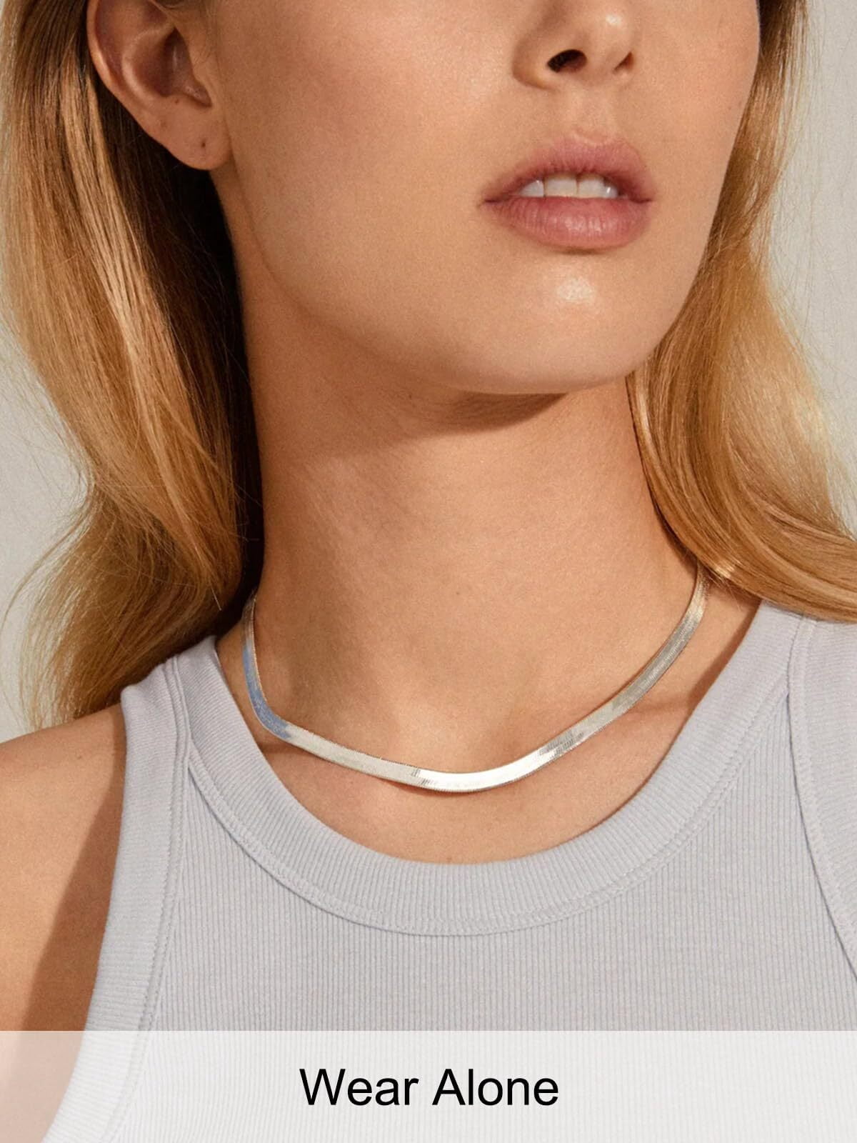 FOCALOOK Flat Snake Chain for Women Stainless Steel Silver Herringbone Choker Necklace Jewelry Birthday Christmas Mother's Day Gifts 5MM 15 Inches