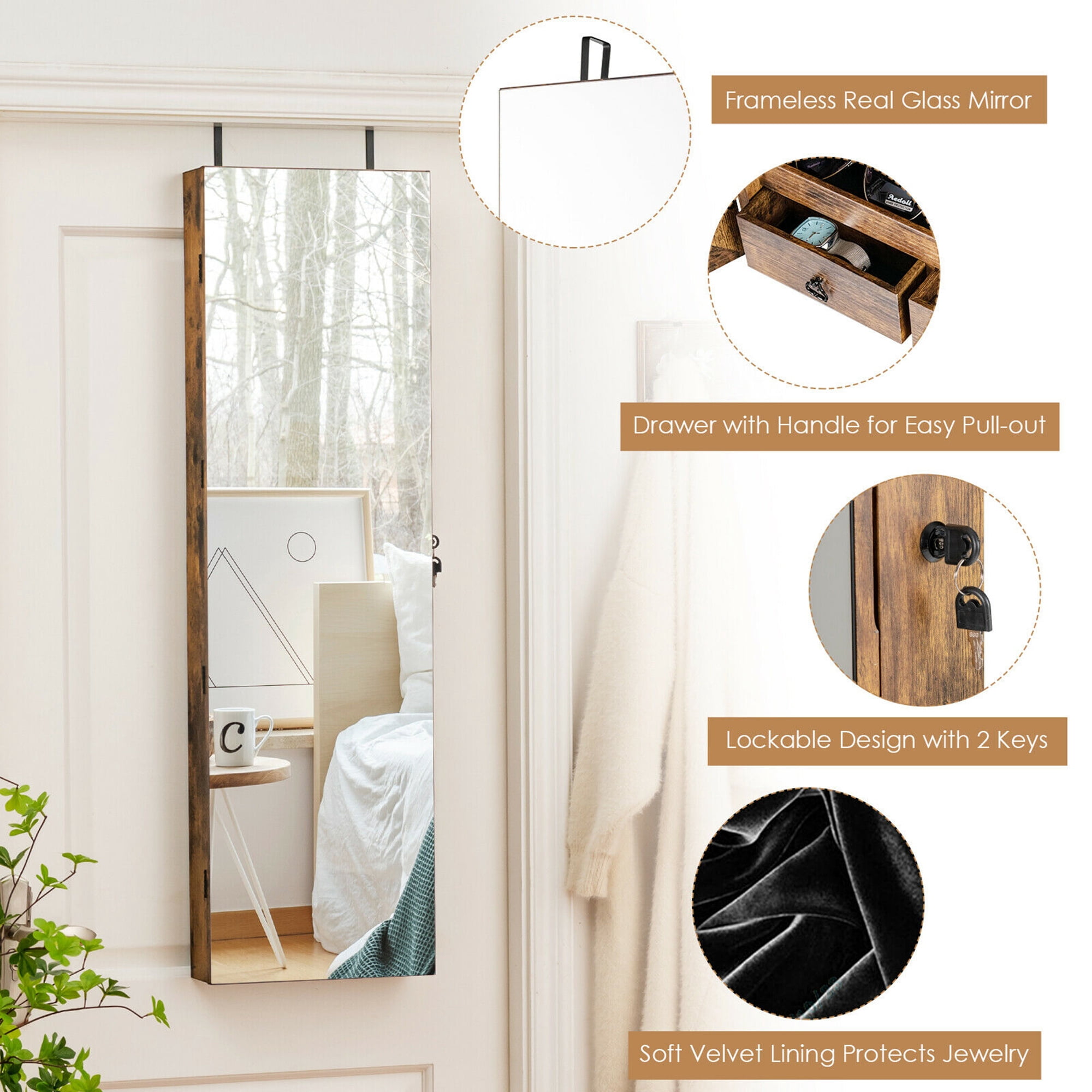 Gymax Brown Mirrored Wall & Door Mounted Jewelry Storage Cabinet Organizer W/ Lights & Drawer Rustic