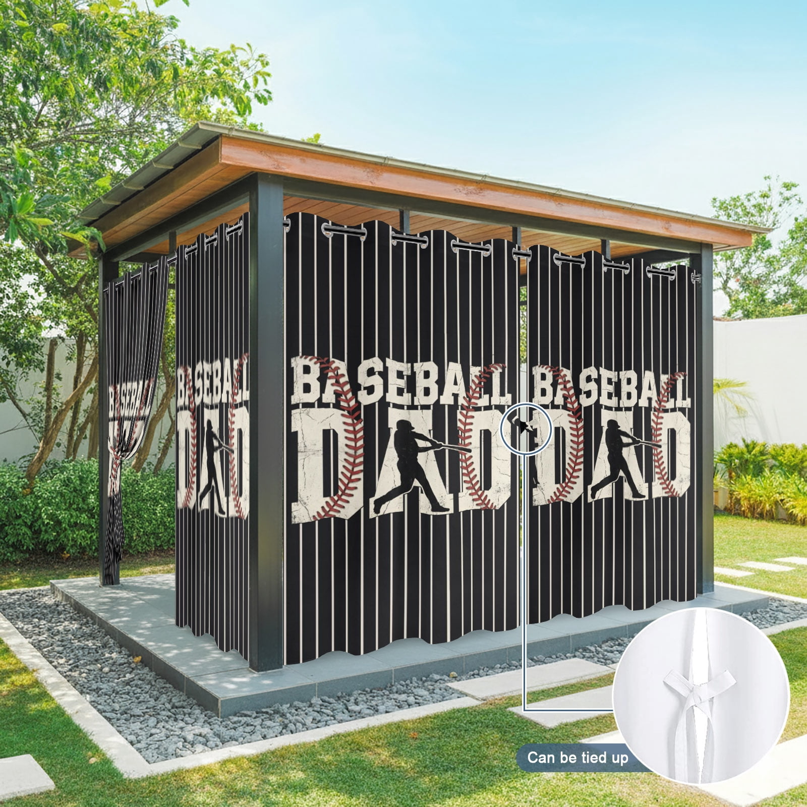 Baseball Dad Outdoor Curtains for Patio, Father's Day Strip Sport Black Background Sunshade Privacy Drapes Grommet Waterproof Outside Curtains for Porch/Cabana/Balcony 54"x 108", 1 Panel