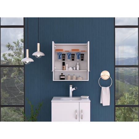 TUHOME White Jaspe Medicine Cabinet with Mirror, 23.6 Double Door Bathroom Cabinet, 3 Shelves   Open Shelf