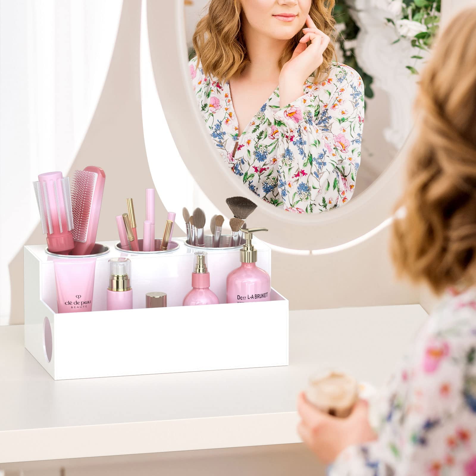 NIUBEE Hair Tool Organizer, Acrylic Hair Blow Dryer Curling Tool Holder, Bathroom Countertop Vanity Organizers and Storage Stand for Accessories, Makeup, Toiletries, White