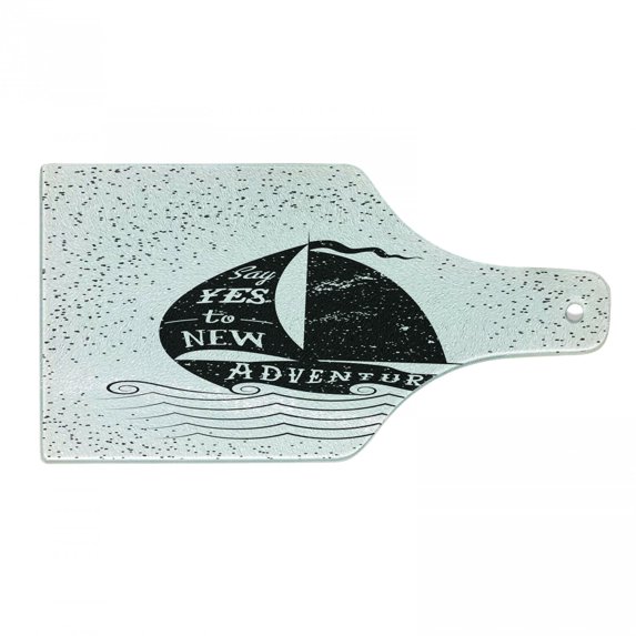 Adventure Cutting Board, Being Open to the New Adventures Words on a Small Boat Marine Journey Theme, Decorative Tempered Glass Cutting and Serving Board, Wine Bottle Shape, Black White, by Ambesonne