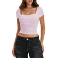 thumbnail image 2 of Michellecmm  Women's Ruched Cropped Tops Solid Short Sleeve Square Neck T-Shirt, 2 of 9