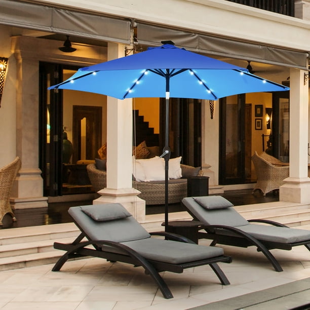 Costway Sombrilla Solar para Patio de 22.86 cm con Luz LED de Acero Inclinable y Manivela Azul