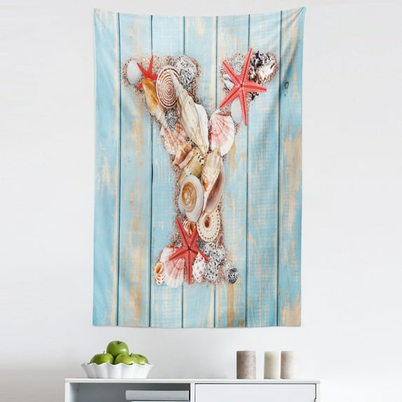 Letter Y Tapestry, Aquatic Typography with Y Blue Vertical Planks Starfishes Scallops, Fabric Wall Hanging Decor for Bedroom Living Room Dorm, 5 Sizes, Dark Coral Pale Blue, by Ambesonne