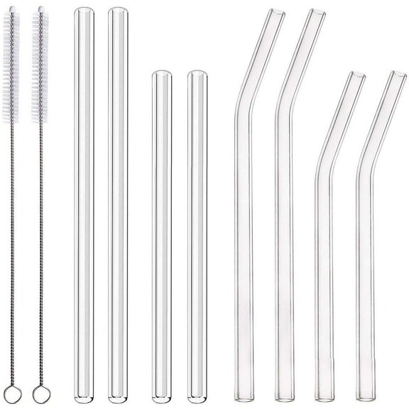 8-Pack Clear Glass Smoothie Straws, 10mm Wide 10"   9" Long Reusable Drinking Straws with 2 Cleaning Brush