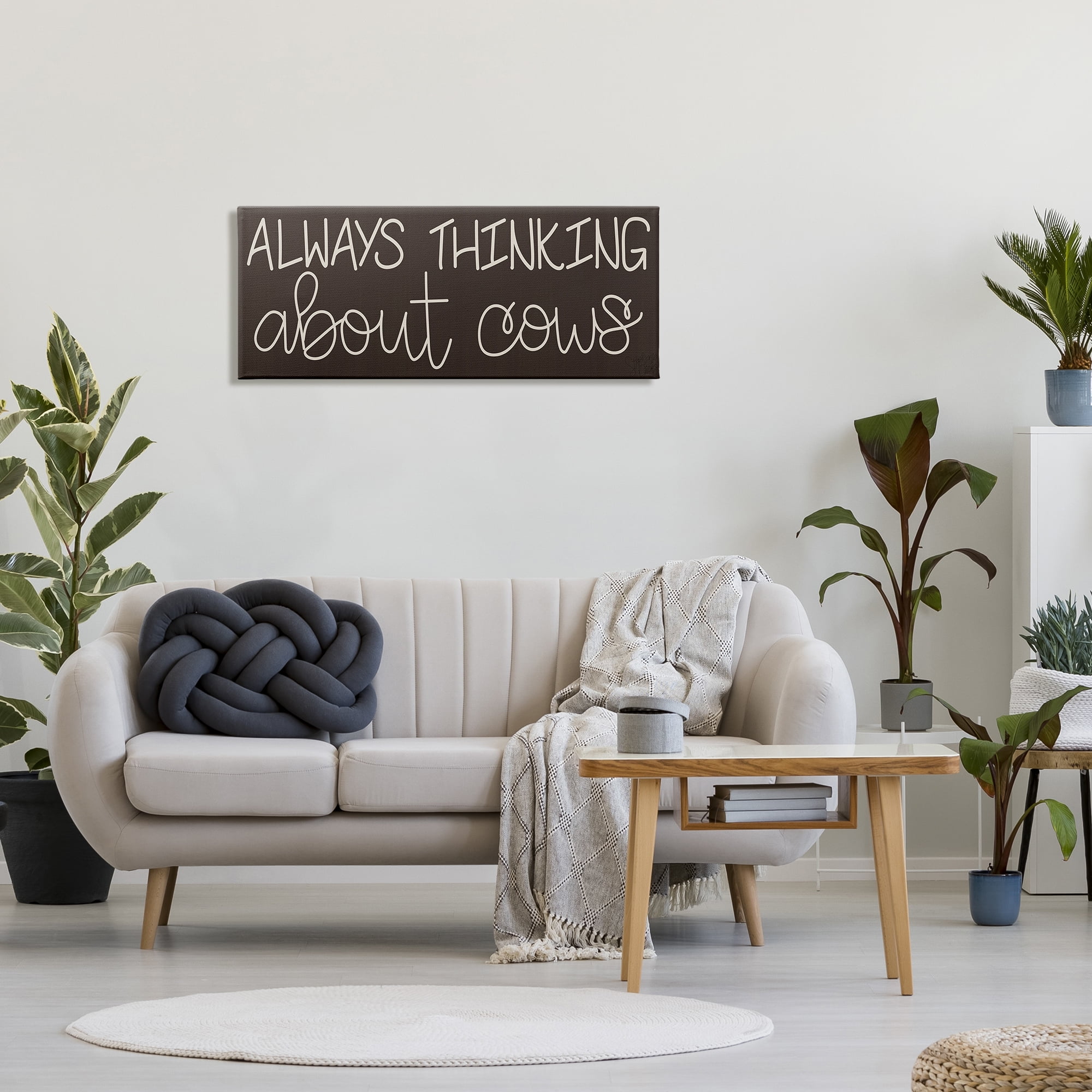 Stupell Industries Thinking About Cows Always Phrase Farm Animal Landscape Painting Gallery Wrapped Canvas Print Wall Art, 17 x 40
