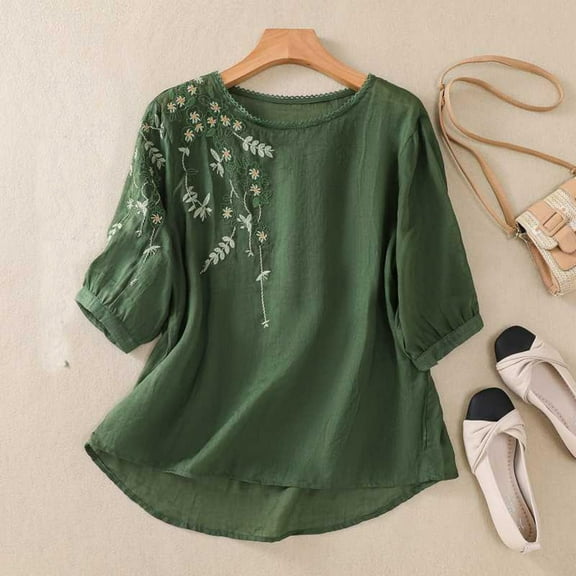Womens Tops Floral Embroidered Tops Cotton Linen Shirts Boho Ethnic Style Tee Women 3/4 Sleeve V Neck Button Tunic Tshirt Green
