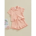 thumbnail image 3 of Biekopu Toddler Girls Summer Outfits Solid Color Buttons Short Sleeve Tops and Elastic Waist Shorts 2Pcs Clothes Set, 3 of 9